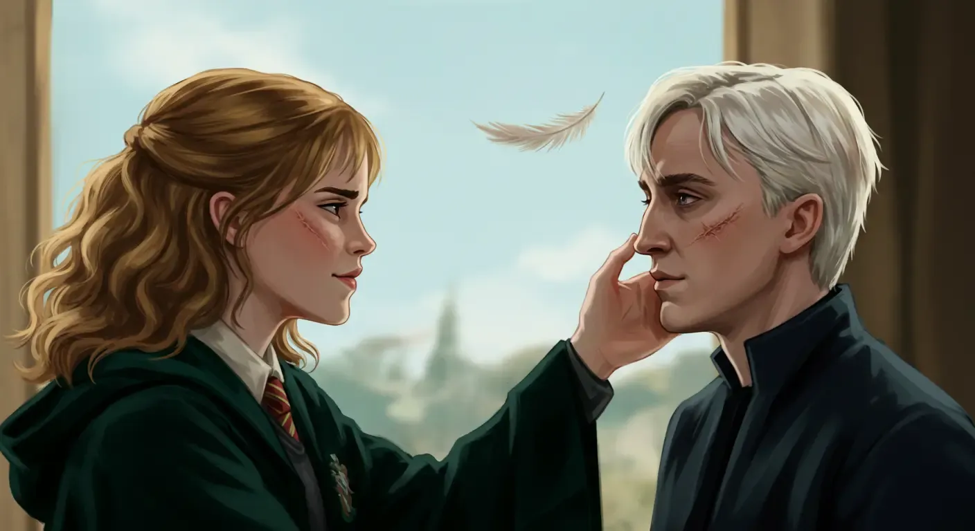 Draco Malfoy and Hermione Granger as adults, standing back-to-back, looking towards Hogwarts, wands ready